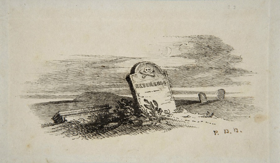 Ink drawing of a gravestone with a carving of a scull and crossbones