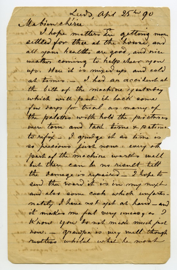 Letter from Louis Le Prince to his wife, Elizabeth Image credit Leeds University Library