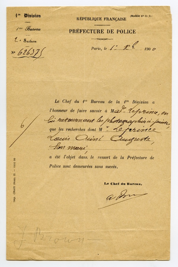 Letter from the Prefecture de Police to Elizabeth Le Prince Image credit Leeds University Library