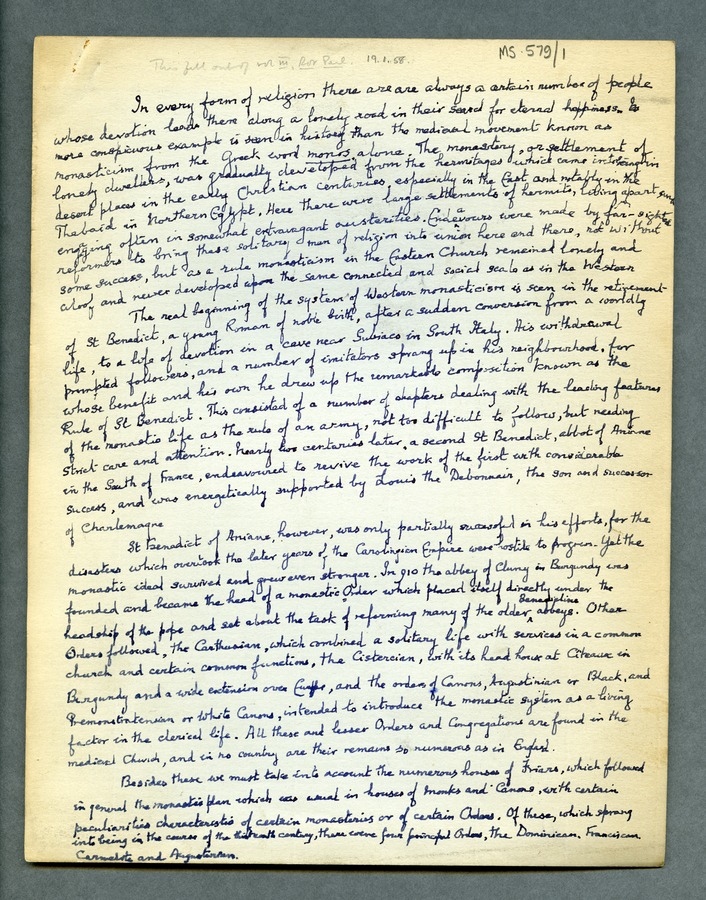 An anonymous draft essay or lecture on monasticism, apparently unfinished and presumably by Alexander Hamilton Thompson Image credit Leeds University Library
