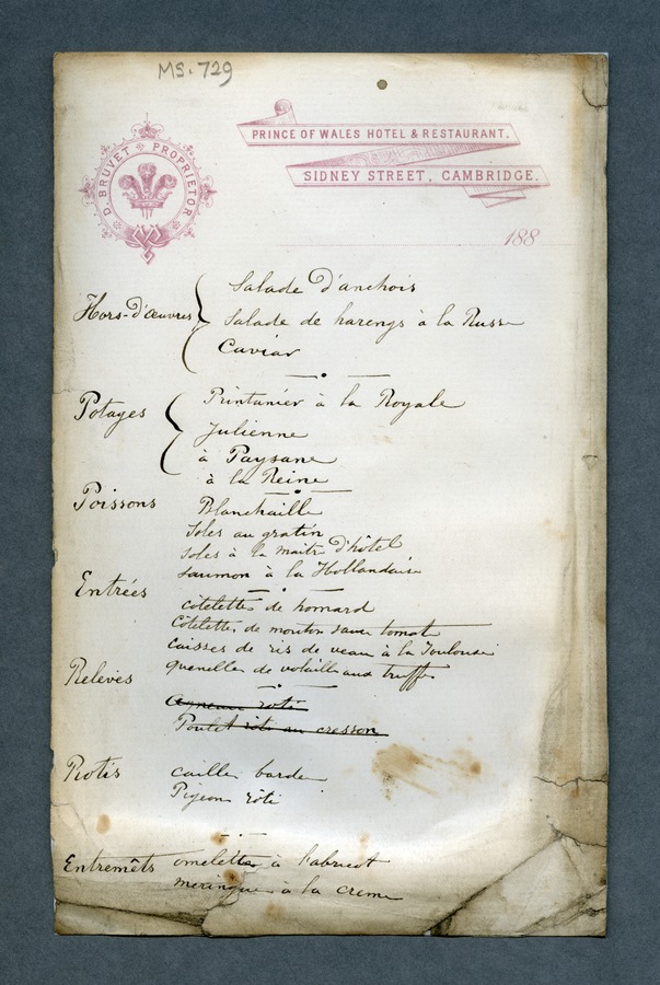 Ordinary dinner menu at the Prince of Wales Hotel and restaurant, Sidney Street, Cambridge; proprietor: Charles Adolphe Désiré Bruvet Image credit Leeds University Library