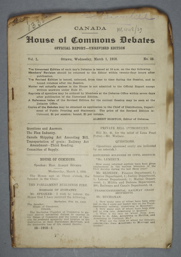 Canada. [Hansard] House of Commons debates Image credit Leeds University Library
