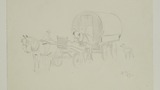 Pencil drawing of horse and Gypsy Traveller wagon. Untitled.
