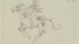 Woodhouse Moor. Pencil drawing of boy riding a horse.1948