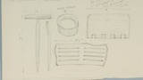 Drawings prepared for "Life in the Moorlands of North-East Yorkshire" (1972): bee appliances, including wooden piece for putting at entrance to hive to prevent mice getting in, handled peg, stick, ring and ?