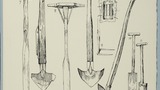 Turf and peat spades: cock spade, hen spade, turf spade, knappers, thigh spade, sod spade, turf rake, peat spade (front and back). Original drawing for use in "Life in the Moorlands of North-East Yorkshire" (1972), page 78 (page reference taken from the n