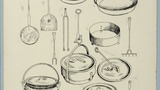 Cooking and hearth utensils. Drawing containing many of the elements of the illustration used on page 14 of "Life in the Moorlands of North-East Yorkshire" (1972), but without crane and reckons. Verso, three squared-up drawings of waggons, cp.page 109 of