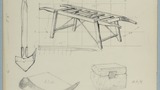 Page of seven drawings prepared for "Life in the Moorlands of North-East Yorkshire" (1972): pig tub for scalding, pig creel, two man barrow (all used in final illustration on page 111; thigh-spade for cutting turf, (page 78), grease horn, bee stone and bi