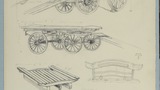 Drawings prepared for "Life in the Moorlands of North-East Yorkshire" (1972): rulley and sledge (used in final illustration page 111, waggon made by J.Harrison & Sons, Grosmont, and trace hook (page 108) and end board (unidentified). Page references taken