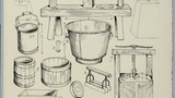 Cheese-making utensils: cheese press formerly at Plumtree Farm, Danbydale, milk can, measure for rennet, cheese kettle, Chesfords and sinker, curd cutter, cheese press at Nook House, Danbydale grinder and curd cutter. Original drawing for use in "Life in