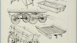 Joiners' and wheelwrights' work (oxbow, pig creel, two-man barrow, pig-tub for scalding, rulley, block cart showing sword, sledge. Original drawing for use in "Life in the Moorlands of North-East Yorkshire" (1972), page 111 (page reference taken from the