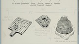 Five drawings on one board, for use in "Life in the Moorlands of North-East Yorkshire" (1972). Top:Sheep Ear Marks (page 27); centre, left to right: merrill board (tailpiece page 132); a seventeenth-century charm to avert witch evil and illness. From Thom