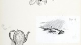 Top, primroses; centre left, teapot; centre right, figures walking in the rain; lower right, sheep at a bridge. Original drawings prepared for "Poems, Strange Places, Rhymes for Children and Others" by Joan Ingilby, published by the Dalesman Publishing Co