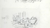 Top, five geese; centre, teapot, jug and two cups and saucers; newt. Original drawings prepared for "Poems, Strange Places, Rhymes for Children and Others" by Joan Ingilby, published by the Dalesman Publishing Company Ltd. (1994). Indicated for use on pag