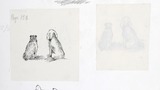 Top: two men working in the hayfield (a third figure scratched out); centre, rear view of two dogs Hardy and Chris?);  below, butterflies. Original drawings prepared for "Poems, Strange Places, Rhymes for Children and Others" by Joan Ingilby, published by