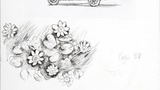 Top, children's roundabout aboard a waggon; centre, a clump of celandines; bottom, a pile of leaves, some caught by the wind. Original drawings prepared for "Poems, Strange Places, Rhymes for Children and Others" by Joan Ingilby, published by the Dalesman