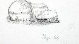 Tractor and waggon, with haystacks and ladder. Original drawing prepared for "Poems, Strange Places, Rhymes for Children and Others" by Joan Ingilby, published by the Dalesman Publishing Company Ltd. (1994). Indicated for use on page 63.