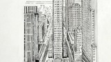 "Visit to America" (cityscape with skyscraper). Original drawing prepared for "Poems, Strange Places, Rhymes for Children and Others" by Joan Ingilby, published by the Dalesman Publishing Company Ltd. (1994). Indicated for use on page 130.