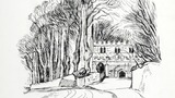 "The Mist-Swept Soft Horizons" (church and stand of trees in gated churchyard). Original drawing prepared for "Poems, Strange Places, Rhymes for Children and Others" by Joan Ingilby, published by the Dalesman Publishing Company Ltd. (1994). Indicated for