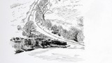 "The Road to Marsett". Original drawing prepared for "Poems, Strange Places, Rhymes for Children and Others" by Joan Ingilby, published by the Dalesman Publishing Company Ltd. (1994). Indicated for use on page 60.