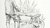 "The Gardener" (man and wheelbarrow). Original drawing prepared for "Poems, Strange Places, Rhymes for Children and Others" by Joan Ingilby, published by the Dalesman Publishing Company Ltd. (1994). Indicated for use on page 4.