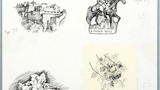 Upper left, Edinburgh Castle; upper right, Staffordshire? Pottery figure, 'Riding Will' ; lower left, a bunch of primroses, lower right, berries on a bough. Original drawings prepared for "Poems, Strange Places, Rhymes for Children and Others" by Joan Ing