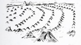 Corn stacks. Original drawing prepared for "Poems, Strange Places, Rhymes for Children and Others" by Joan Ingilby, published by the Dalesman Publishing Company Ltd. (1994). Indicated for use on page 107.