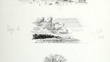 Three drawings: top, rocks on the shore; centre, clouds over the hills; below, house and tree, with geese, in the snow. Original drawings prepared for "Poems, Strange Places, Rhymes for Children and Others" by Joan Ingilby, published by the Dalesman Publi