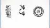 Left, sneck with pierced figures 1748; centre, ?knocker; right, Eternity knocker. Original drawings used in "Yorkshire Cottage" (1942), pages 56, 21, 31 respectively