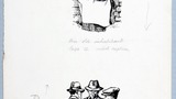 An old inhabitant' and (no caption) three men in discussion. Original drawings used in "Yorkshire Cottage" (1942), pages 12 and 127