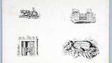 Man,horse and cart with quarry stone; limestone boulders on gateposts; the original bedroom fireplace; garden produce. Four original drawings used as tailpieces in "Yorkshire Cottage" (1942), pages 39, 73, 78 and 121 respectively