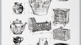 Pottery (examples from the Yorkshire Museum, Bolling Hall and Shibden Hall). Original drawing for "Life and Tradition in West Yorkshire" (1976), p.137