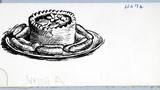 Raised pork pie surrounded by a link of sausages. Original drawing used as a tailpiece in "Yorkshire Heritage" (1950), page 221