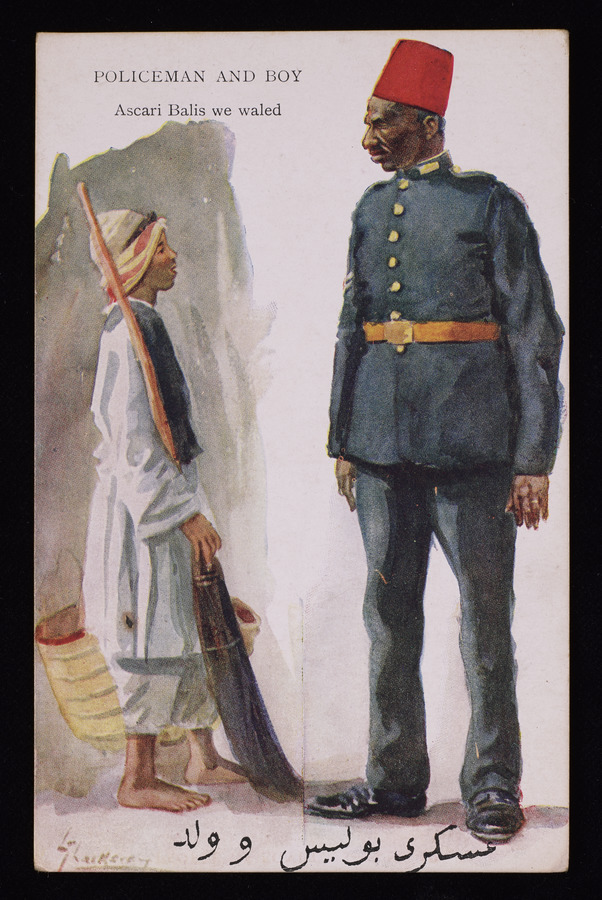 Postcard showing an Egyptian policeman and boy Media credit University of Leeds