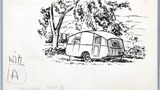 Caravan (The Green Plover) parked under a tree. Original drawing used as a tailpiece in "Yorkshire Heritage" (1950), page 89