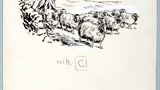 A yeoman walks with swinging stride' (man driving sheep). Original drawing used in "Yorkshire Heritage" (1950), page 34