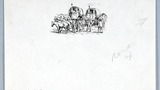 "Lee Gap Fair"  (horses and caravans, with men), original drawing  used as a tailpiece in "Yorkshire Tour" (1939)