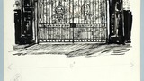 Wrought iron gates, Harlow Carr. Original drawing prepared for "The Wonders of Yorkshire" (1959), but not used