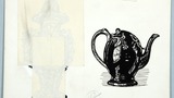 Rockingham China: Cadogan teapot in a brown glaze. Original drawing used in "The Wonders of Yorkshire" (1959), page 57  (an earlier version of the rhinoceros vase is taped over)