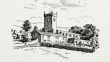 The church from the west. Original drawing used in "Yorkshire Village" (1953), page 211