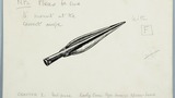 Late-type Bronze Age spear-head found at Semerwater. Original drawing used as a tailpiece in "Yorkshire Village" (1953), page 9