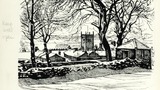 The ash is the native and characteristic tree' (view of church and house roofs, with trees in foreground). Original drawing used in "Yorkshire Village" (1953), page 267