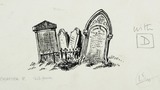 tailpiece, gravestones. Original drawing used in "Yorkshire Village" (1953), page 223