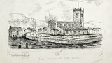 The church before the restoration of 1853, drawn from a watercolour, showing the tree growing from the vestry, and the toll booth. Original drawing used in "Yorkshire Village" (1953), page 215