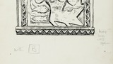 Carved relief at Old Yorebridge School (fish-tailed woman holding a comb). Original drawing used in "Yorkshire Village" (1953), page 42