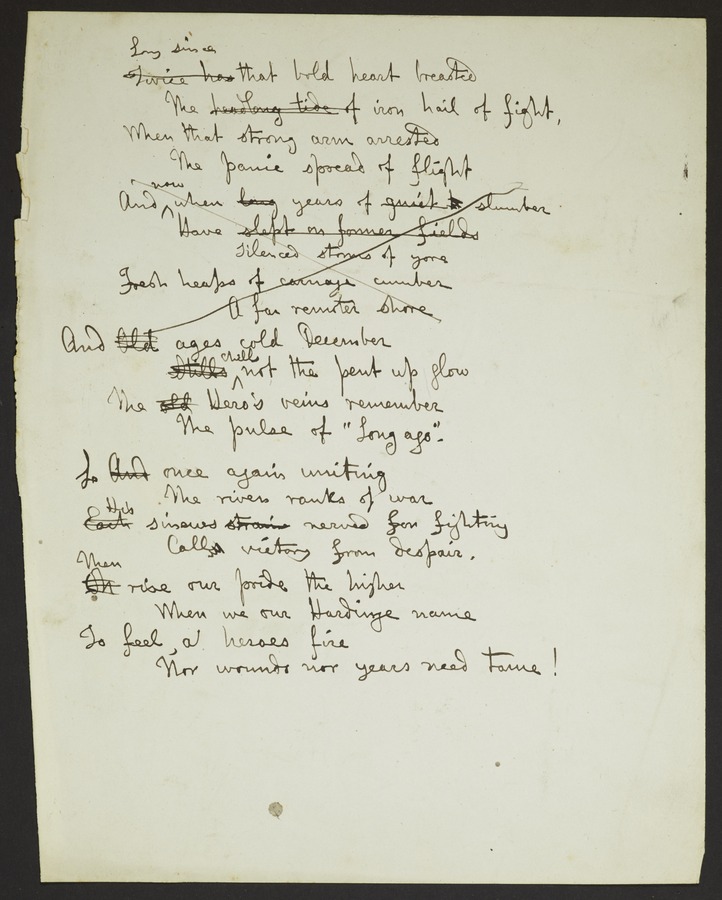 Manuscript poem which begins 'Long since that bold heart...' Image credit Leeds University Library