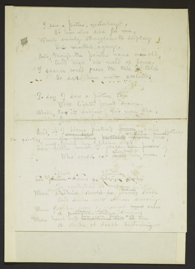Manuscript poem, written in pencil, which begins 'I saw a picture, yesterday...' Image credit Leeds University Library