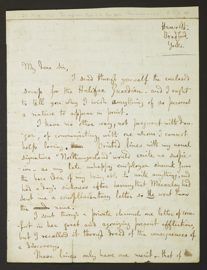 Letter addressed from 'Haworth, Bradford, Yorks' Image credit Leeds University Library