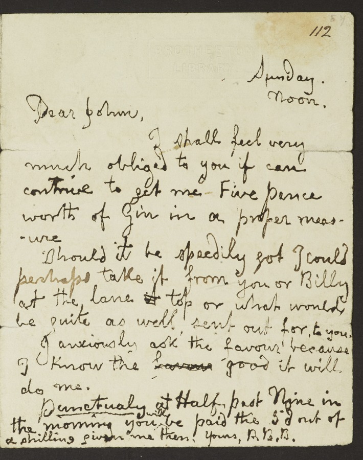 Letter to Joseph Bentley Leyland concerning the settlement of a bill. Addressed from 'Haworth' Image credit Leeds University Library