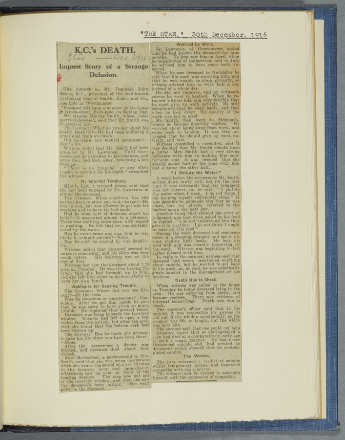 Press cutting dealing with the Coroner's inquest into the demise of Reginald John Smith, the principal of the publishing firm Smith, Elder & Co. Image credit Leeds University Library